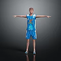 A Man Standing With Arms Outstretched In Blue Basketball Jersey Number 15 On Dark Background