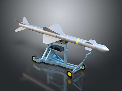Silver Military Missile With Yellow Stripe On Wheeled Launcher Stand 3d model