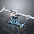 Silver Military Missile With Yellow Stripe On Wheeled Launcher Stand