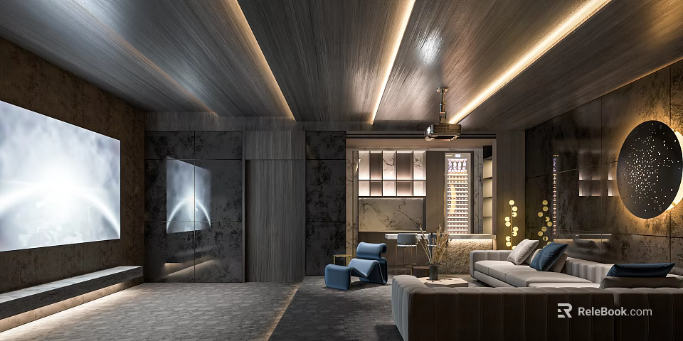 Modern Luxury Home Theater Interior With Projector Screen Comfortable Sofa And Ambient Lighting 3d model 