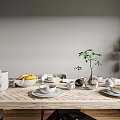 Dining Table Set With Golden Leg Chair Wooden Stool Black Base Tableware And Green Plant