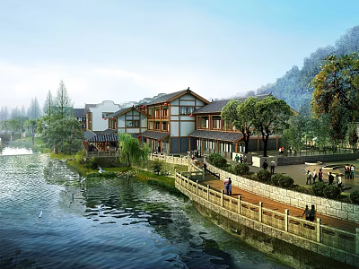 Ancient Architecture Riverside Scenic Spot With Traditional Buildings And Waterfront Greenery 3d model
