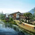 Ancient Architecture Riverside Scenic Spot With Traditional Buildings And Waterfront Greenery