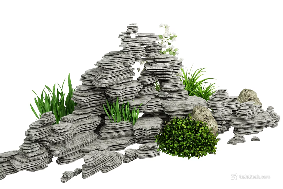 Natural Yard Garden With Stacked Stones Green Plants And Lush Moss 3d model 