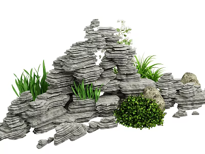 Natural Yard Garden With Stacked Stones Green Plants And Lush Moss 3d model