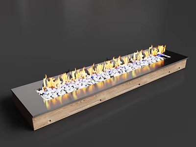 Modern Linear Fireplace With Metal Surface Wood Frame And Decorative Stones Burning Flames 3d model