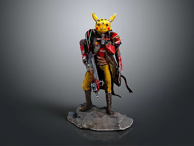 Armored Warrior With Yellow Creature Ears Holding Weapon On Stone Base 3d model
