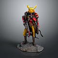 Armored Warrior With Yellow Creature Ears Holding Weapon On Stone Base