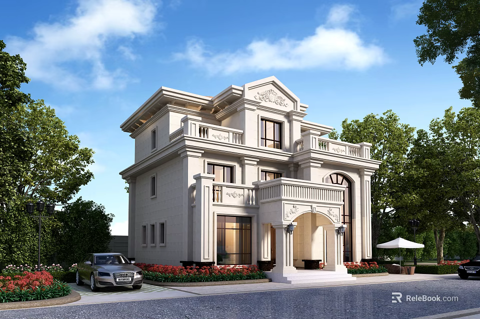 Two Story Classical Style Detached Villa With Balcony Arched Porch And Greenery 3d model 