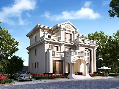 Two Story Classical Style Detached Villa With Balcony Arched Porch And Greenery 3d model