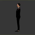 Man in Black Suit Standing with Arms Outstretched Against Grey Background
