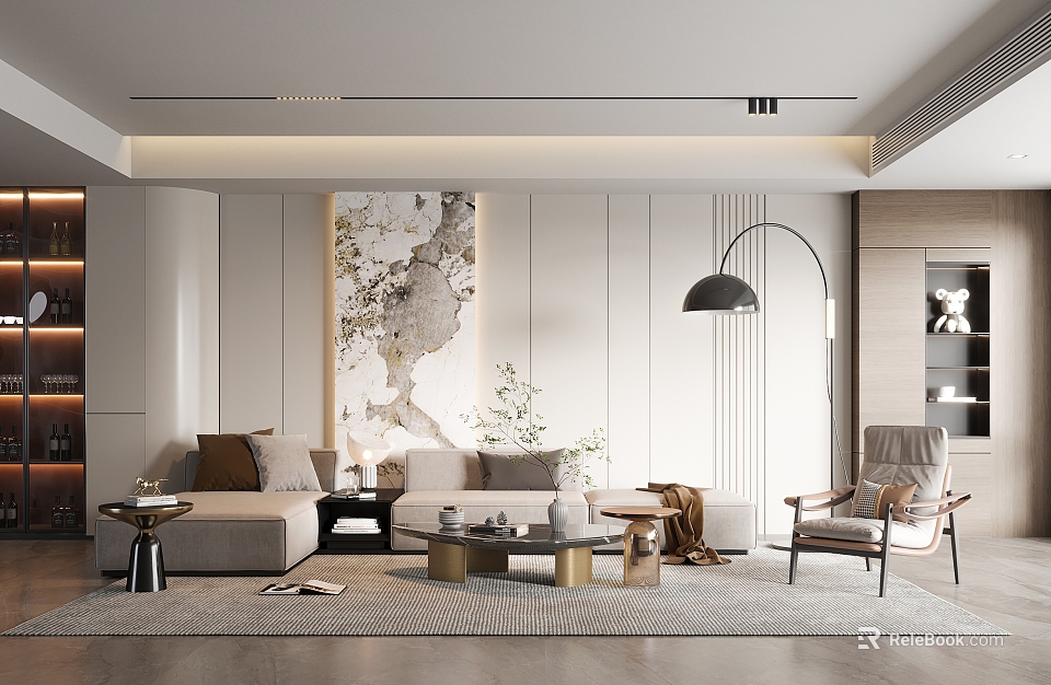 Modern Living Room Interior With Sofa Coffee Table Floor Lamp And Decorative Painting 3d model 