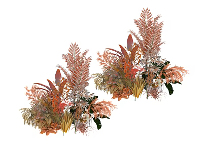Warm Toned Decorative Ornament Set With Feathery Leaves And Tropical Floral Elements 3d model