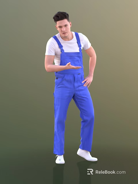 A Man In Blue Overalls And White T-Shirt Gesturing With Hand On Hip 3d model 