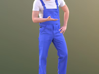 A Man In Blue Overalls And White T-Shirt Gesturing With Hand On Hip 3d model