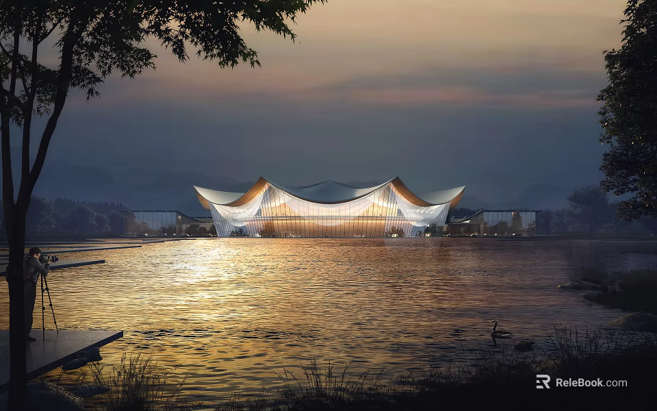 Modern Waterfront Building With Unique Roof Design Sunset Lake And Mountain View 3d model 