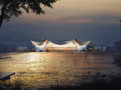 Modern Waterfront Building With Unique Roof Design Sunset Lake And Mountain View 3d model