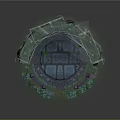 Decorative Fantasy Furniture With Stone Pillars Vines Hanging Ornaments Candles And Glowing Circular Platform