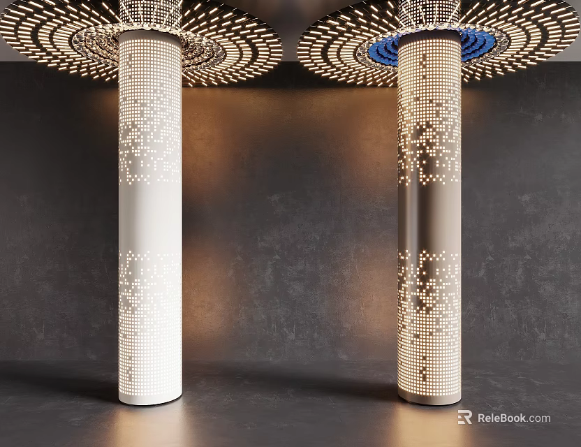 Decorative Illuminated Columns With Perforated Design And Circular Top On Dark Wall 3d model 