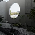 Elegant Garden Ornament Design With Round Mirror Green Plants Pebble Path And White Rabbit Ornament