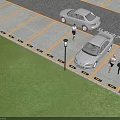 Parking Lot With Parked Cars Pedestrians Walking Yellow Parking Lines Street Lamp Green Grass Edge