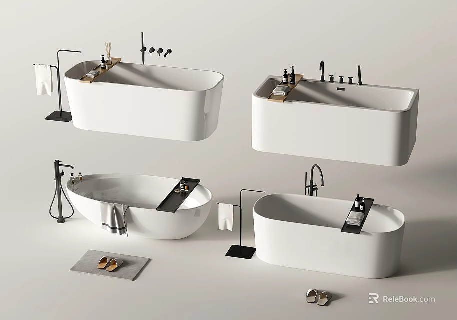 Modern Freestanding Bathtub With Faucet Towel Bath Essentials And Slippers 3d model 