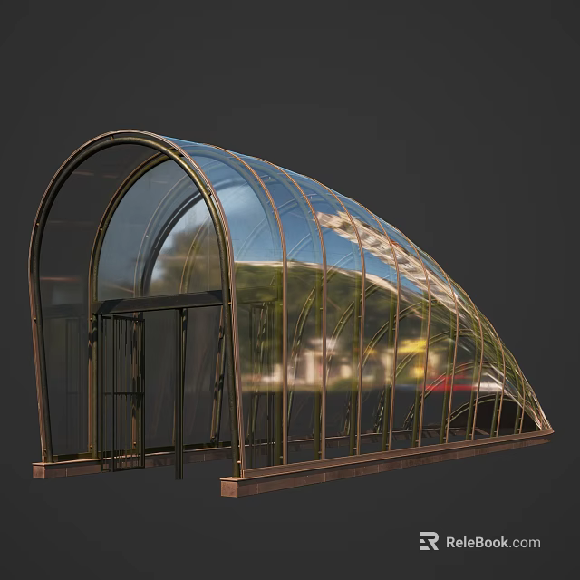 Modern Arched Entrance Canopy with Transparent Panels and Metal Frame Reflecting Surrounding Trees and Buildings 3d model 