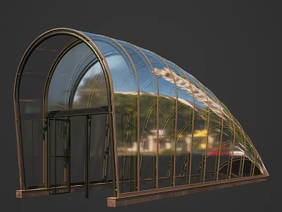 Modern Arched Entrance Canopy with Transparent Panels and Metal Frame Reflecting Surrounding Trees and Buildings 3d model