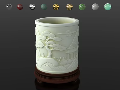 Classic Chinese Style Carved Landscape Brush Pot With Delicate Wooden Base And Multiple Optional Materials 3d model