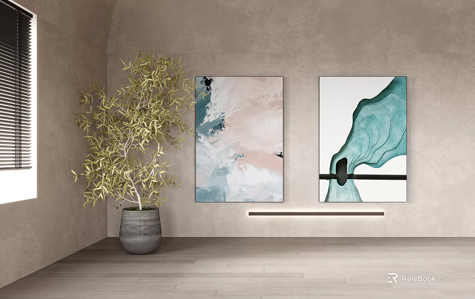 Abstract Paintings With Teal Pink Hues Olive Tree And Light Wall Setting 3d model