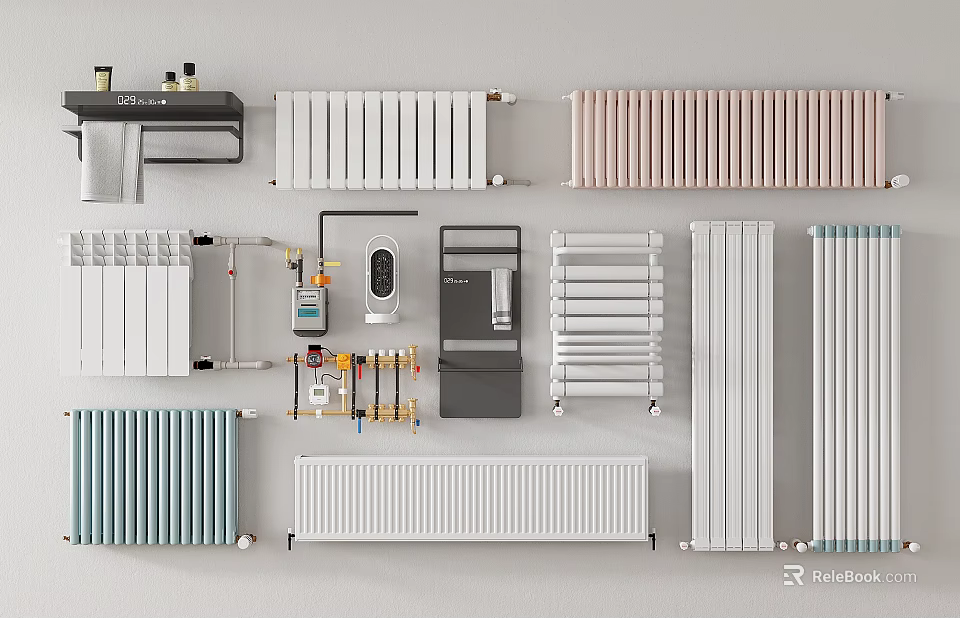 Home Heating Radiators With Various Styles Colored Designs And Thermostat Parts 3d model 