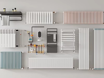 Home Heating Radiators With Various Styles Colored Designs And Thermostat Parts 3d model