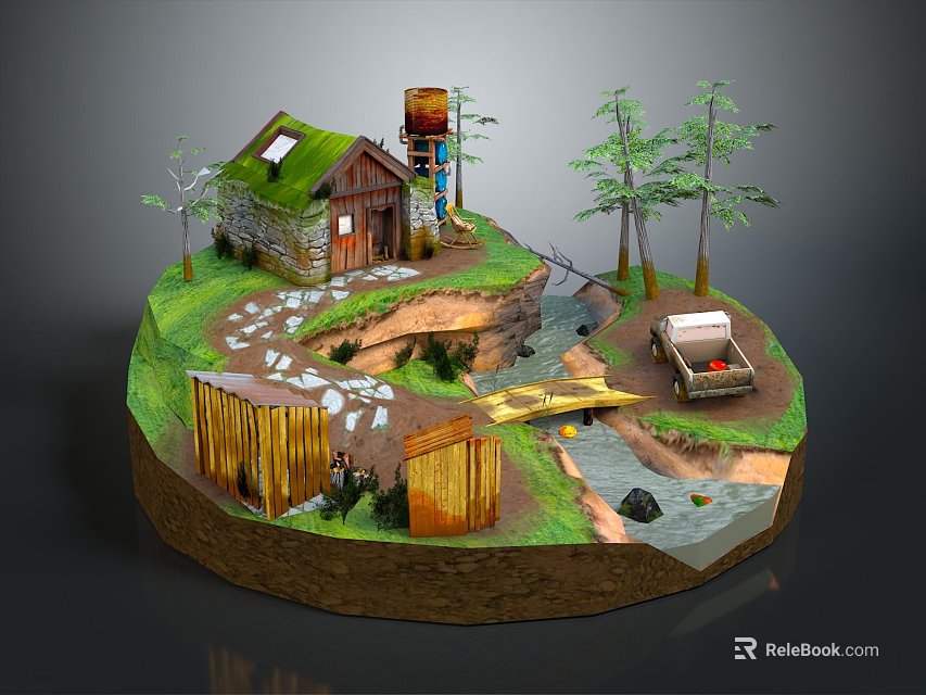 Scenic Miniature Landscape with Small House Green Roof Trees Stream Small Bridge and Truck 3d model 