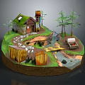 Scenic Miniature Landscape with Small House Green Roof Trees Stream Small Bridge and Truck