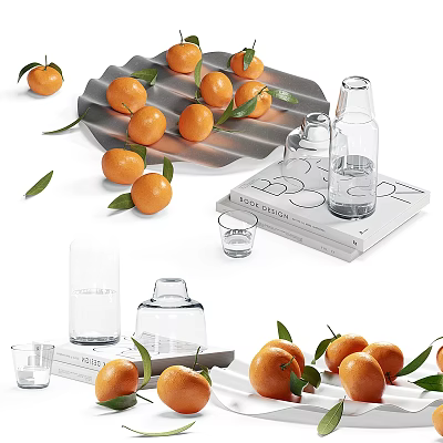Fresh Tangerines with Green Leaves on Tray and Glassware beside Design Books 3d model