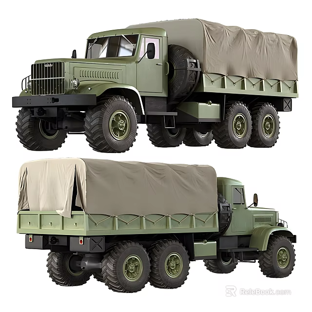 Green Military Utility Truck With Canvas Covered Cargo Bed And Large Wheels 3d model 
