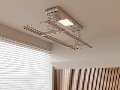 Ceiling Mounted Silver Clothes Drying Rack With Light Near Window Blinds And Wooden Wall 3d model
