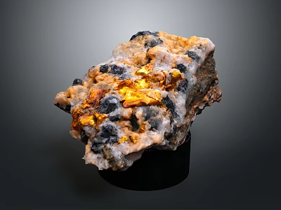 Natural Stone Mineral Specimen With Golden Crystal Inclusions And Black White Texture On Display Base 3d model
