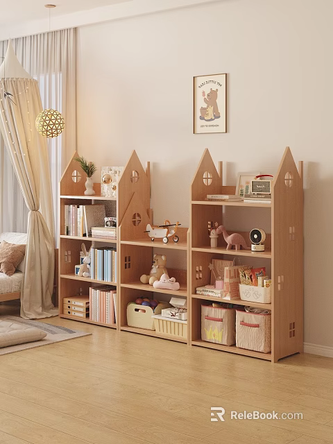 House Shaped Wooden Shelves With Books Toys And Storage Baskets In Kids Room 3d model 