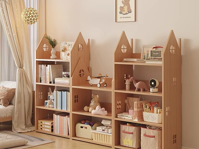House Shaped Wooden Shelves With Books Toys And Storage Baskets In Kids Room 3d model