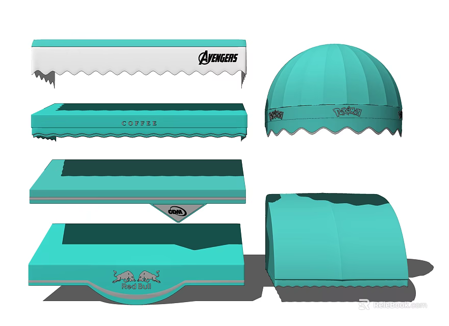 Turquoise Awnings With Various Designs Different Shapes And Branded Logos For Outdoor Shade 3d model 