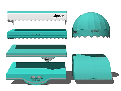 Turquoise Awnings With Various Designs Different Shapes And Branded Logos For Outdoor Shade 3d model