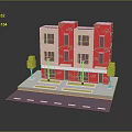 Red Multi story Urban Apartment Building With Light Windows Street Lampposts And Green Trees
