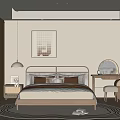 Modern Bedroom Interior With Wooden Bed Decorative Painting Nightstand Table Lamp And Area Rug
