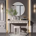Elegant White Dressing Table With Round Mirror Green Plant Stool And Wall Lamps