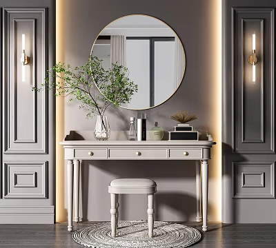 Elegant White Dressing Table With Round Mirror Green Plant Stool And Wall Lamps 3d model