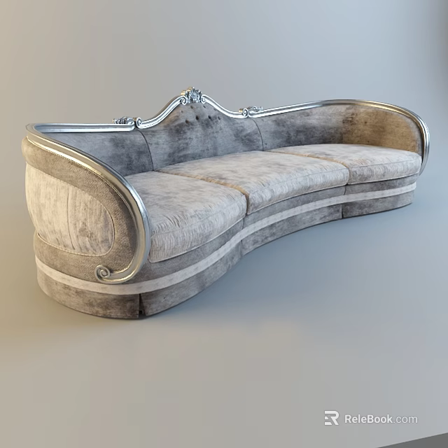 Elegant Three Seater Sofa With Silver Metal Frame Curved Design And Velvet Upholstery 3d model 