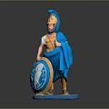 Ancient Warrior Statue With Blue Cloak Helmet And Decorative Shield On White Base
