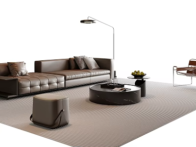 Elegant Modern Brown Leather Sofa Coffee Table Set With Ottoman Floor Lamp And Area Rug 3d model