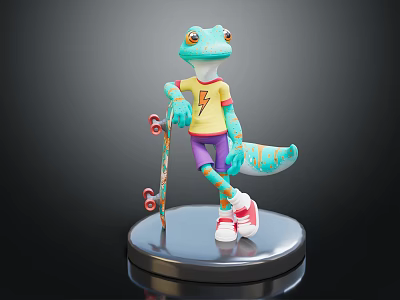 Vibrant Lizard Character Wearing Yellow Lightning T-Shirt Purple Shorts Red Shoes And Skateboard 3d model